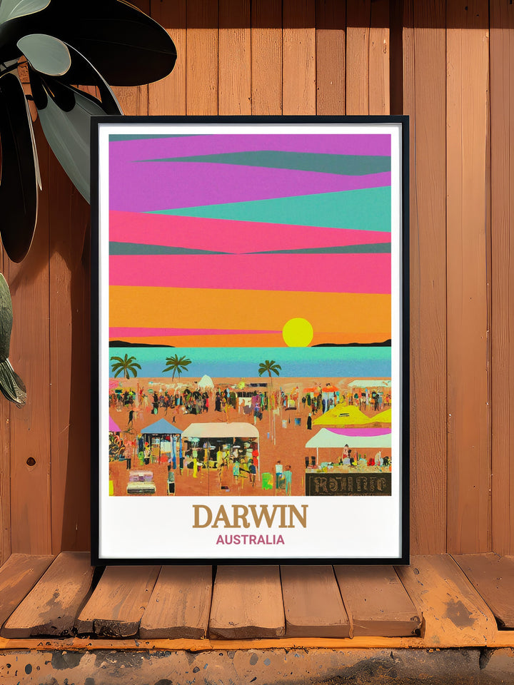 Mindil Beach Sunset Markets wall art highlighting the rich culture of Darwin, Australia. This travel print is a must have for those who love the combination of natural beauty and lively markets, making it a perfect addition to any home or office decor.