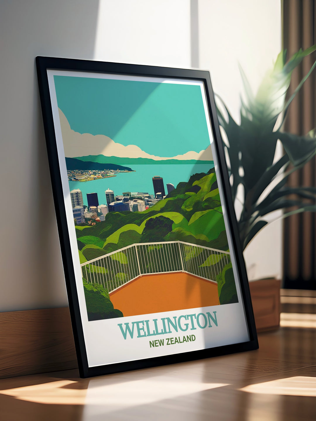 Wellington poster print highlighting the energetic cityscape of New Zealands capital, framed by its surrounding hills and coastline. This travel print is perfect for those who admire New Zealands blend of urban life and natural beauty.