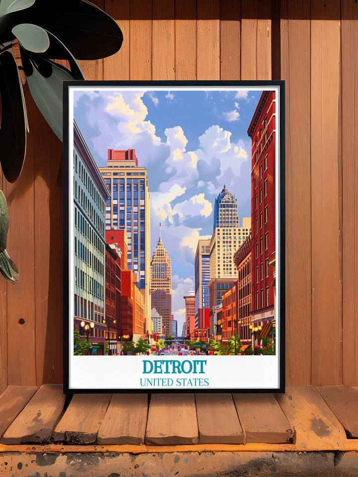 Vintage poster highlighting the historical charm of Detroit, featuring the citys vibrant neighborhoods and cultural landmarks.
