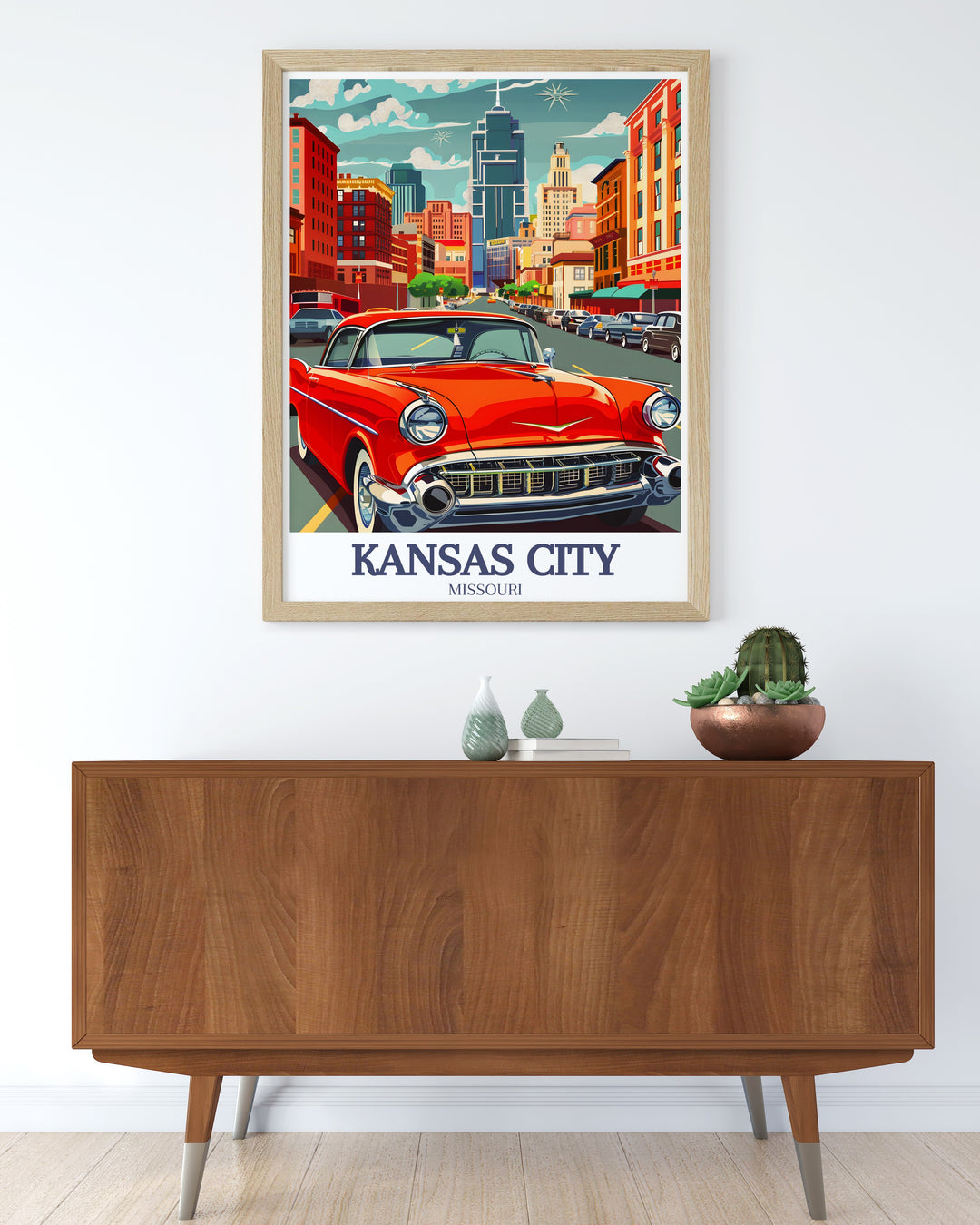 Kansas City wall poster depicting the vibrant energy of the citys Downtown area. Ideal for urban art fans or Kansas City enthusiasts, this travel art print captures the essence of Missouris lively and evolving cityscape.