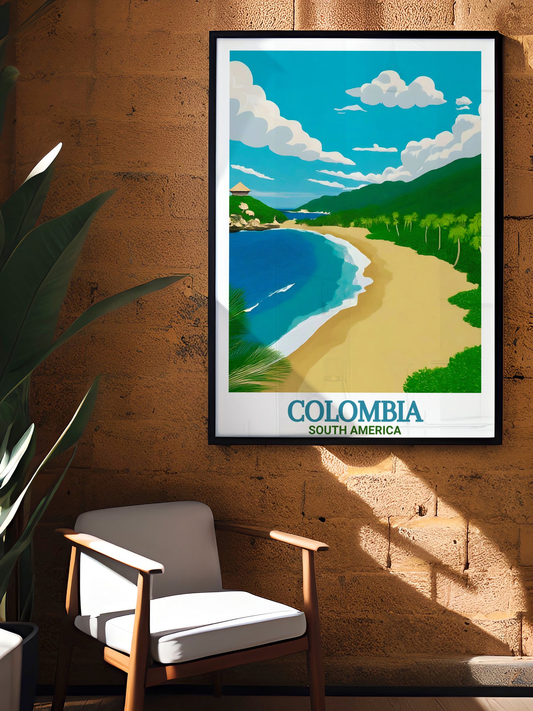 Tayrona National Parks unique landscapes, from its golden beaches to its tropical forests, are beautifully captured in this Colombia Poster. Its a perfect reminder of the natural wonders of Colombia, ideal for home or office decor.