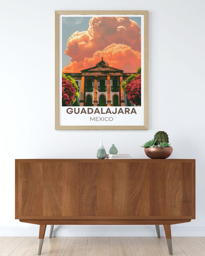 Showcasing the lively street scenes of Guadalajara, this travel poster captures the essence of the citys vibrant culture and colorful art, bringing a piece of Mexicos heart into your home.
