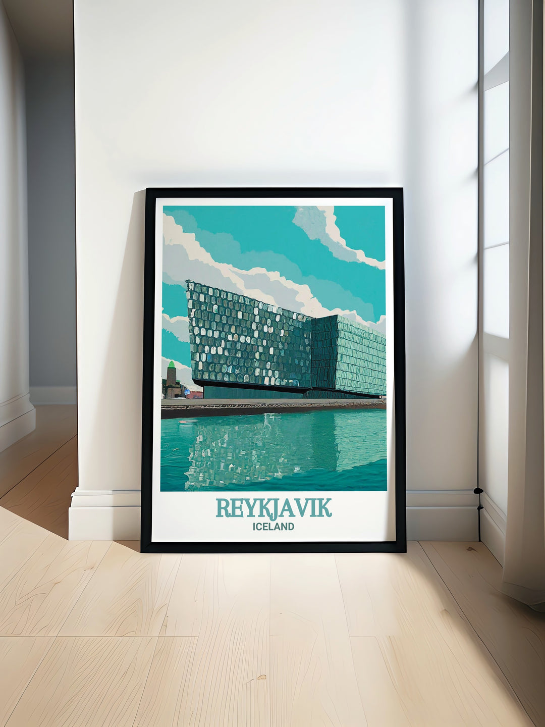 Reykjavik travel print illustrating the stunning Harpa Concert Hall alongside the vibrant energy of the city, offering a perfect blend of modern architecture and cultural heritage. This wall poster is a must have for those who dream of visiting Iceland.