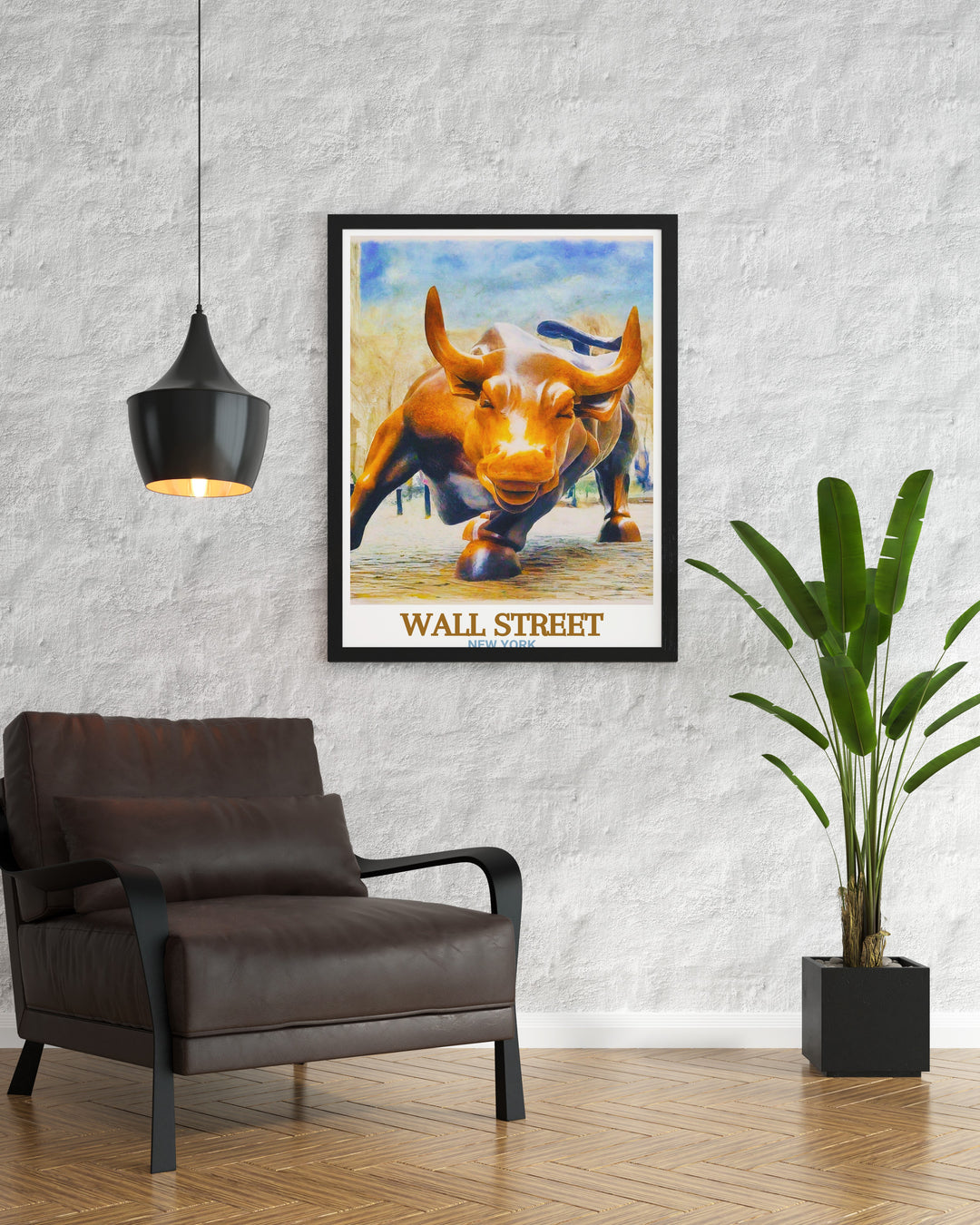 New York Travel Print features Wall Streets towering skyline and the Charging Bull, capturing the essence of New York Citys financial powerhouse. Ideal for travelers and those who want to bring a piece of New York into their home.