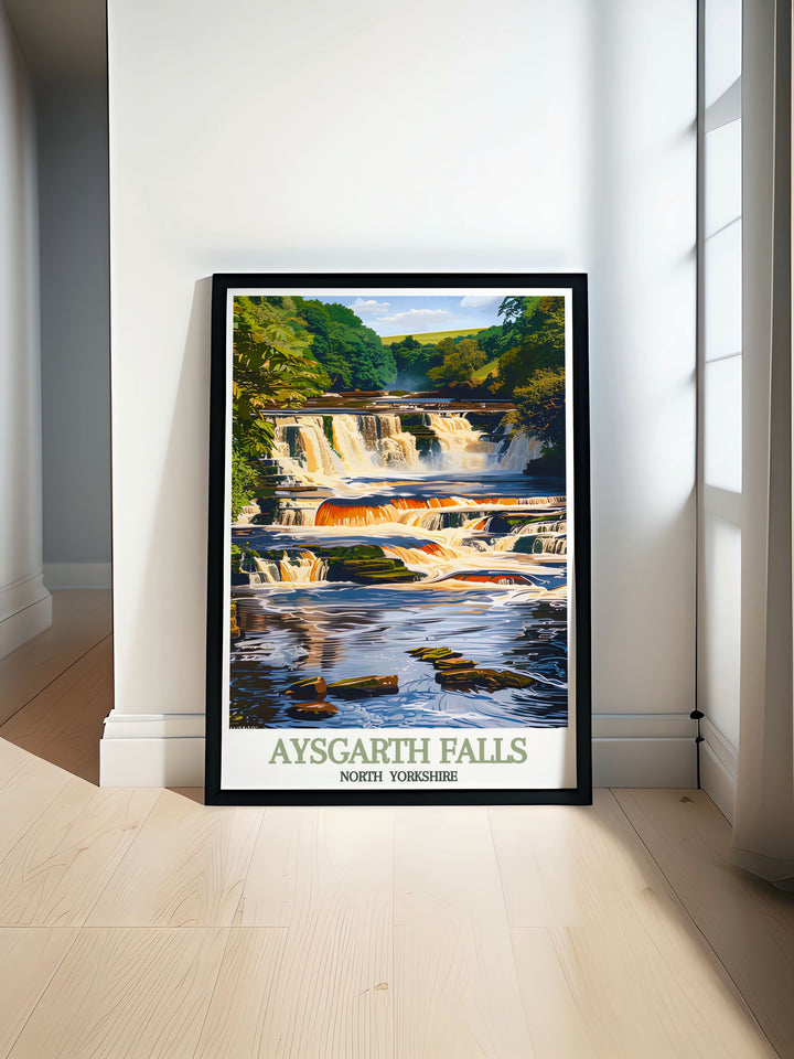 Scenic art print of Aysgarth Falls in North Yorkshire showcasing the natural beauty of the Yorkshire Dales National Park perfect for home decor or as a gift for lovers of vintage travel posters and retro prints capturing iconic landscapes.