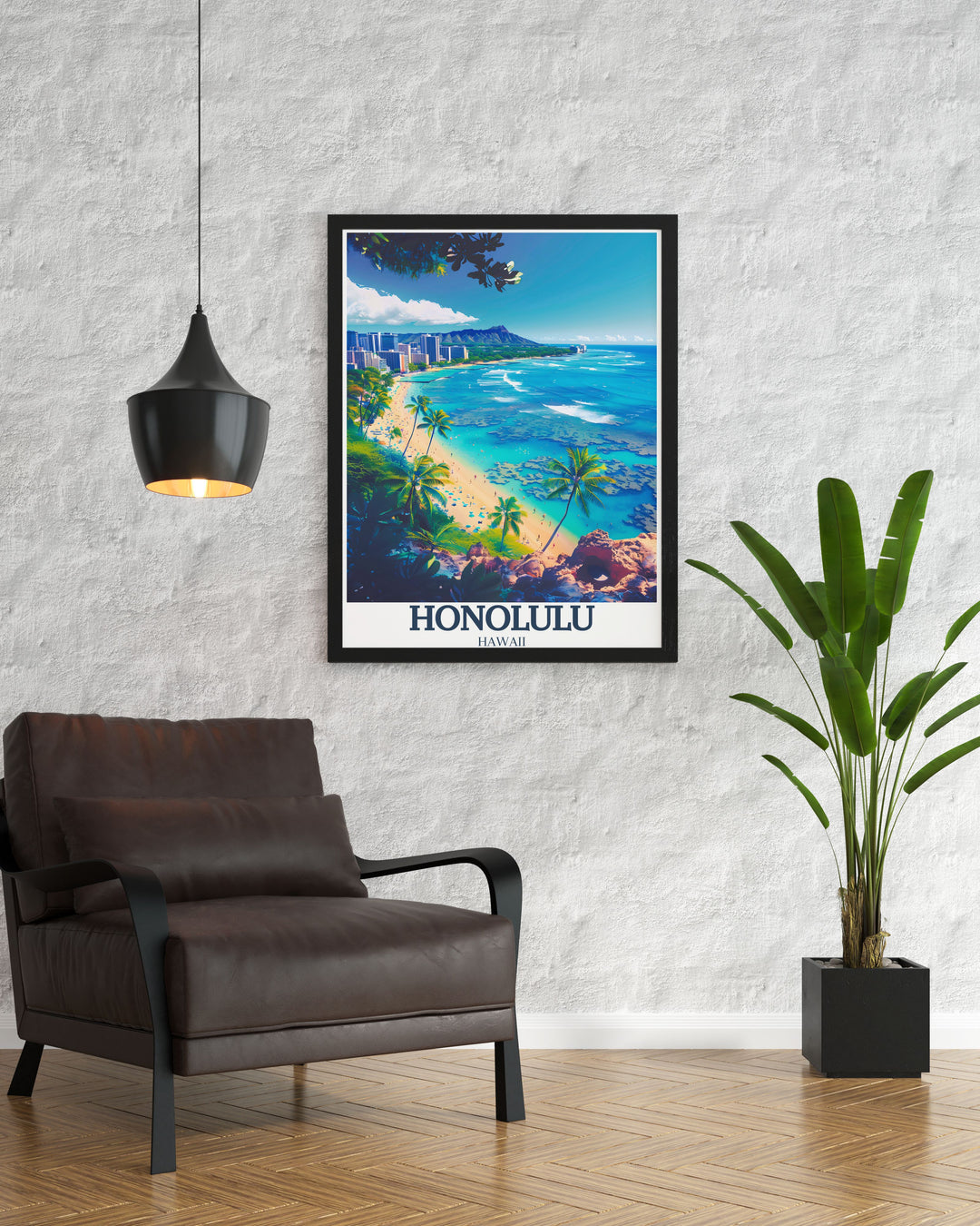 A home decor print highlighting the majestic Diamond Head Crater in Honolulu, Hawaii. The artwork captures the craters steep trail and panoramic views, ideal for bringing the beauty of Hawaiis natural landscapes into your living space.