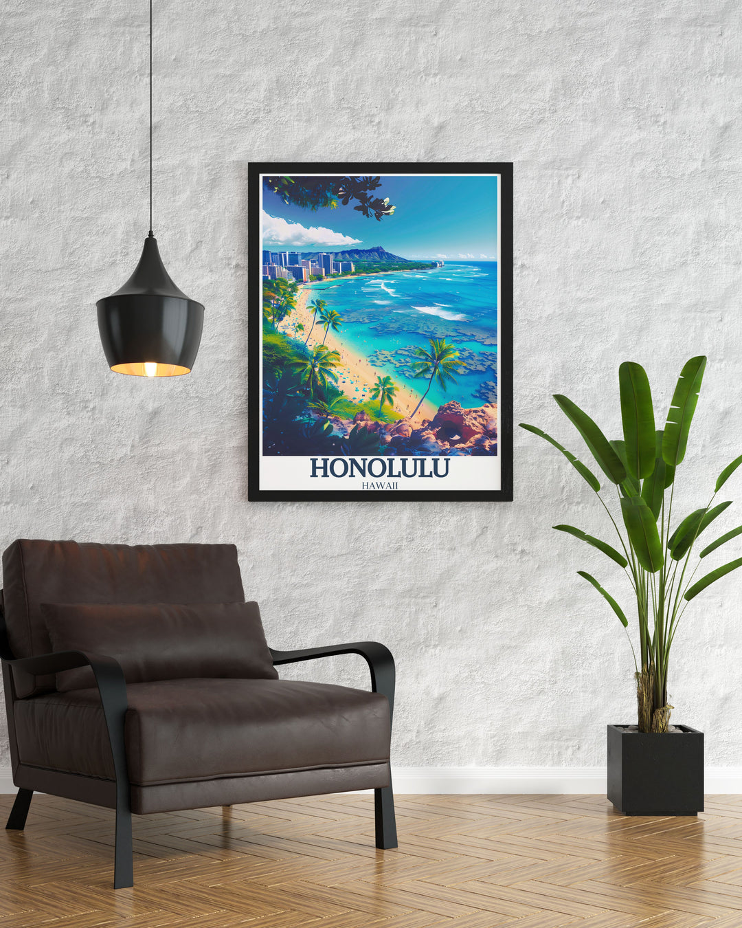 Waikiki Beach in all its glory, with golden sands and turquoise waves showcased in this breathtaking travel print. The image captures the lively spirit of the beach, making it an ideal addition to any art collection celebrating Hawaiis beauty.