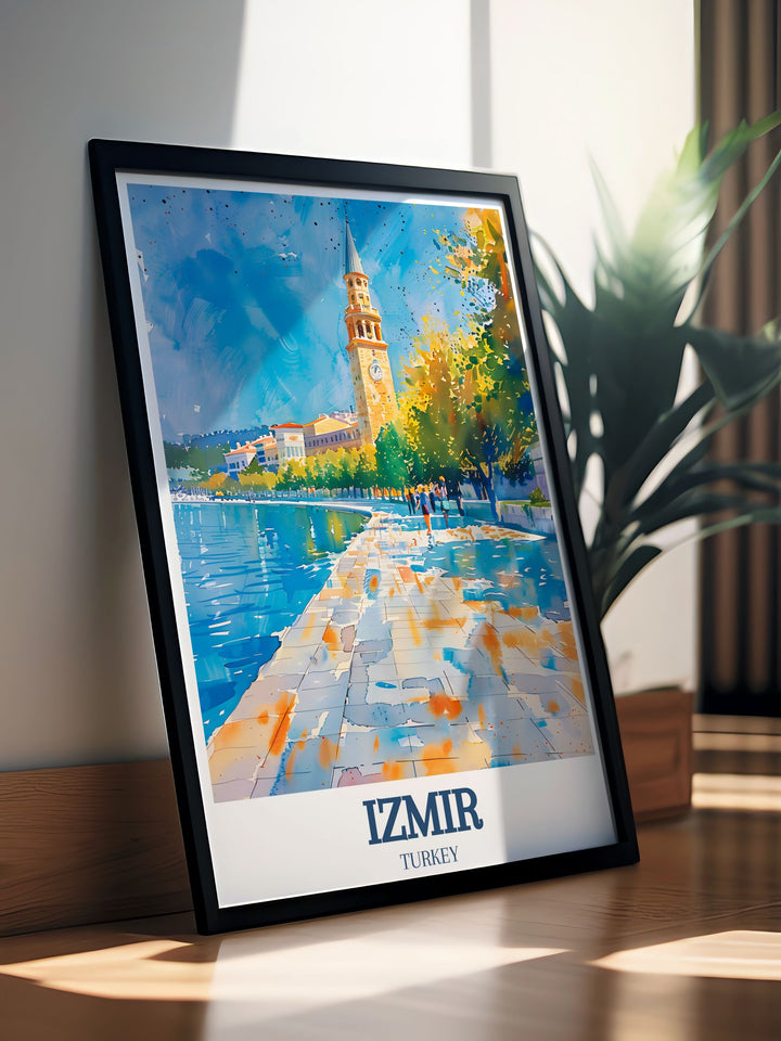 The vibrant colors and detailed illustrations of the Clock Tower and the Aegean Sea are captured in this poster, celebrating the scenic and cultural richness of Izmir.
