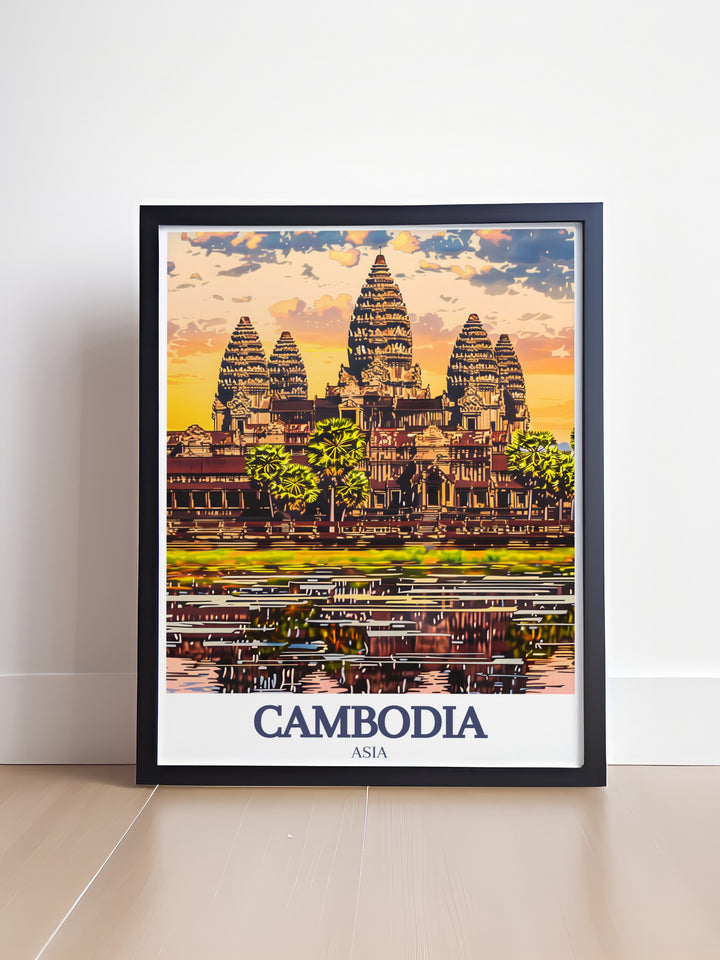 Siem Reaps Angkor Wat Khmer temple showcased in an exquisite art print. This piece celebrates Cambodias architectural brilliance and historical significance. A must have for those who admire ancient wonders and Southeast Asian culture.