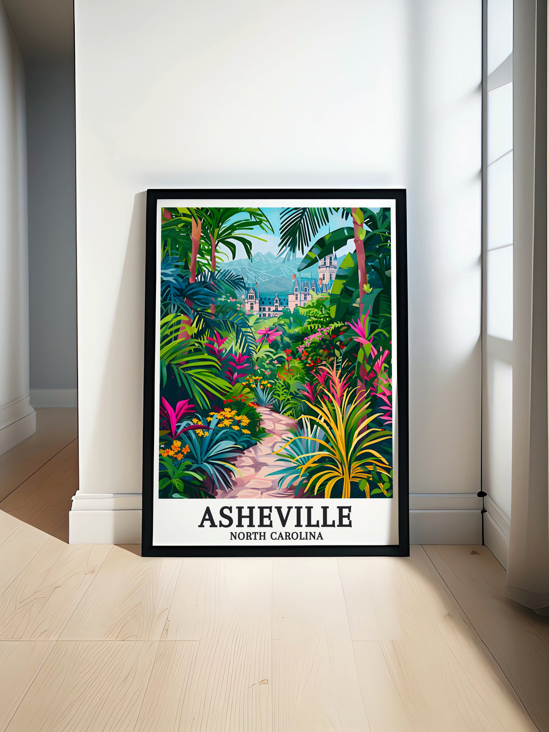 Asheville Travel Print featuring a detailed city map with vibrant colors highlighting Western North Carolina Botanical Garden and The Biltmore Estate perfect for home decor or as a unique gift for friends and family who love Asheville.