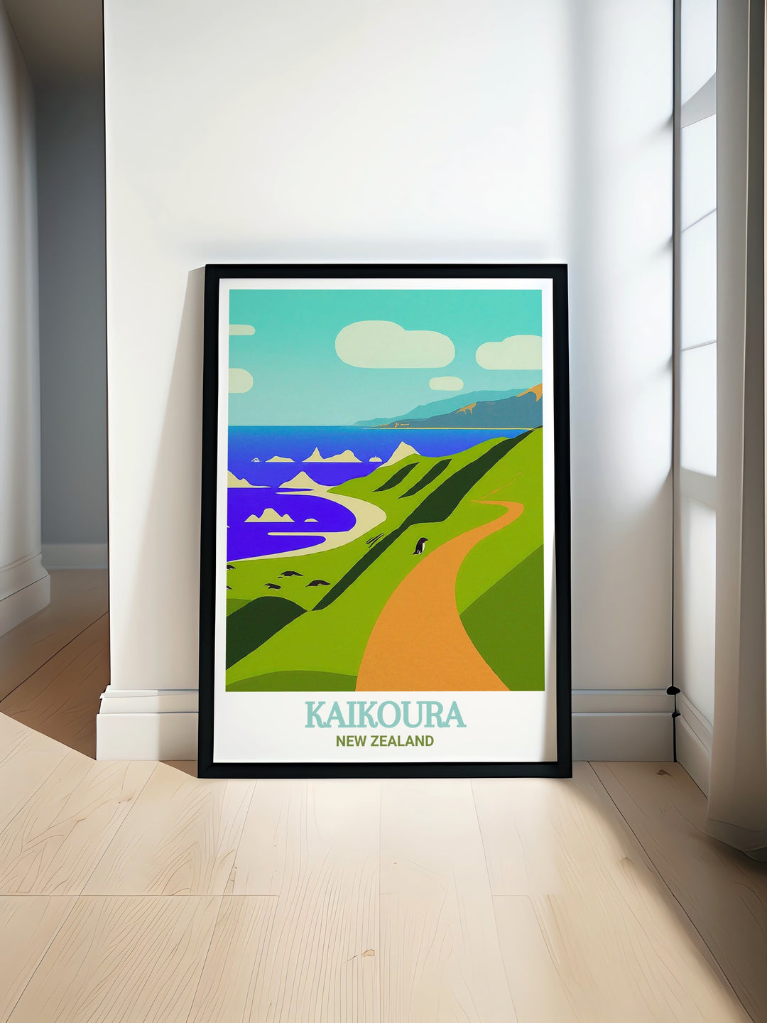 The Kaikoura Peninsula Walkway is portrayed in this travel poster with vivid colors and striking details, emphasizing the harmony between the land and sea. This artwork is a perfect choice for those who appreciate the beauty of New Zealands coastal regions.