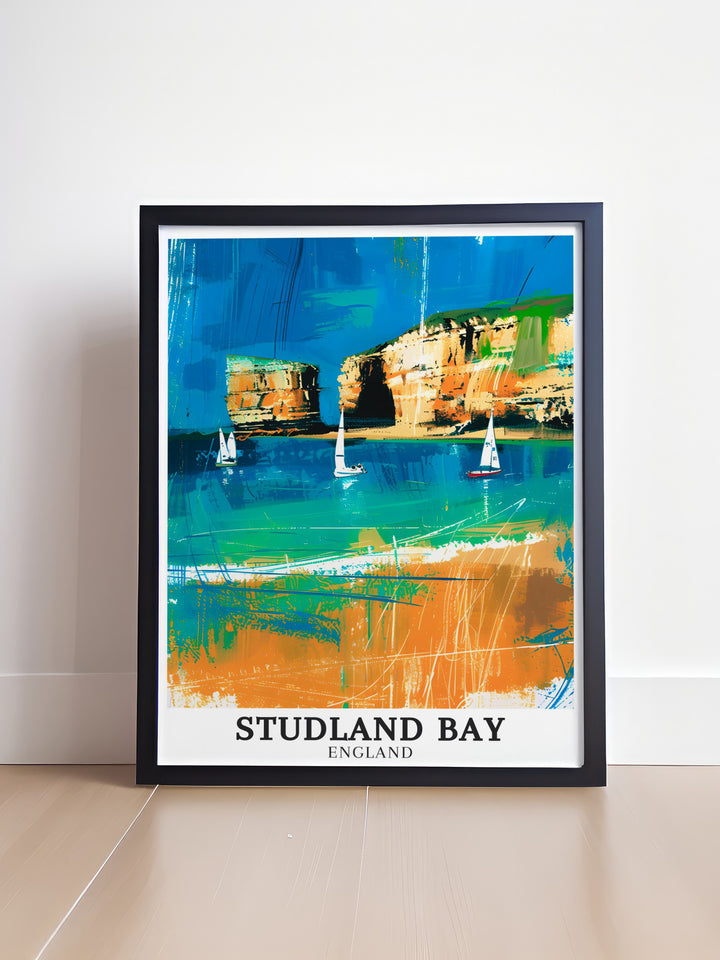 Stunning Old Harry Rocks Jurassic Coast artwork showcasing the beauty of Englands coastline. This Studland Bay travel poster adds elegance and charm to your living space perfect for those who appreciate natural beauty and coastal scenes.