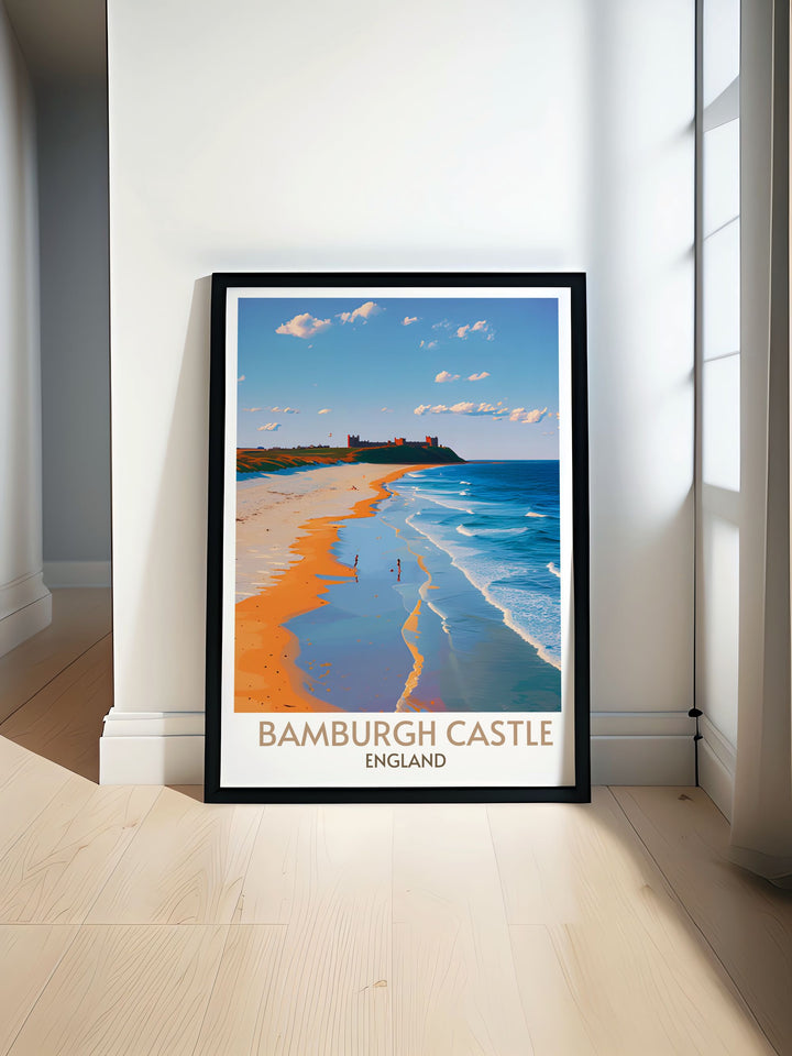 Majestic view of Bamburgh Castle from Bamburgh Beach, captured in a high quality print that emphasizes the historical significance of the location.
