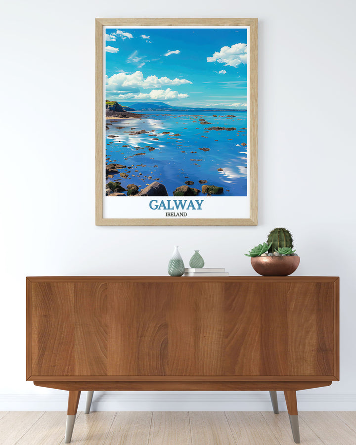Add a piece of Ireland to your home with this travel poster of Galway and Galway Bay. The vibrant colors and intricate details capture the unique charm and natural beauty of both the city and the bay, making it a stunning focal point for any room.