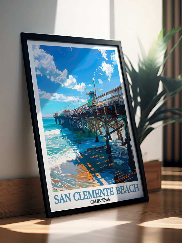 Our San Clemente Pier Canvas Art is perfect for adding a splash of Californias beach life to your space. The print offers a detailed representation of the pier and its surroundings, making it a must have for those who love coastal decor and ocean inspired art.