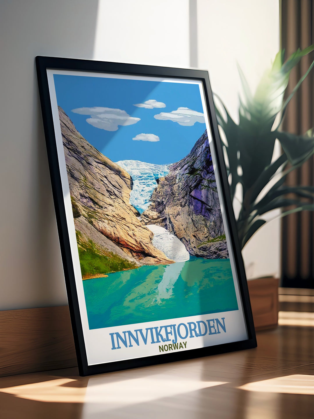 Beautiful Briksdalsbreen Glacier poster depicting the tranquil waters and stunning Norway landscape ideal for enhancing any living space