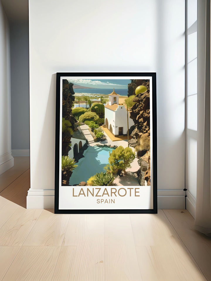 This detailed travel poster features the Cesar Manrique Foundation in Lanzarote, capturing the unique blend of natural volcanic landscapes and innovative architecture, perfect for adding a touch of Lanzarotes artistic spirit to your home decor.