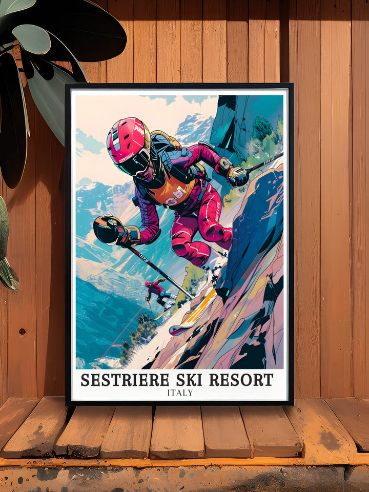 Vintage ski poster of Sestriere Ski Resort in the Italian Alps. Highlighting the picturesque landscapes and vibrant ski culture of Sestriere Borgata, this print is perfect for adding a touch of elegance to any room.