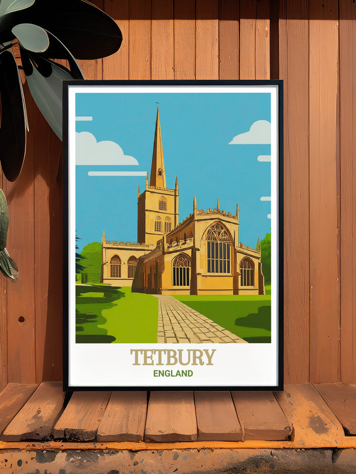 A vibrant print of Tetbury, highlighting the historic charm of St Mary the Virgin and St Mary Magdalen Church, capturing the beauty of its Georgian architecture and English countryside. Perfect for home decor.