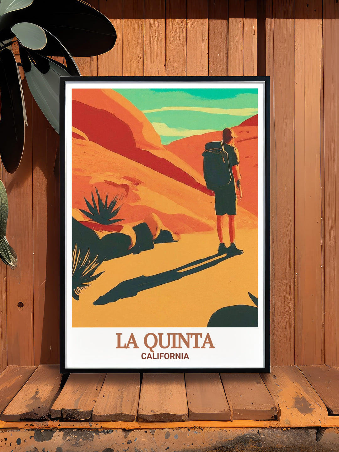 La Quinta travel print featuring the Cove Oasis Trailhead, a popular destination in the Coachella Valley. This wall art brings the serenity of the desert landscape to your home, perfect for those who appreciate outdoor adventure and the beauty of Californias natural wonders.