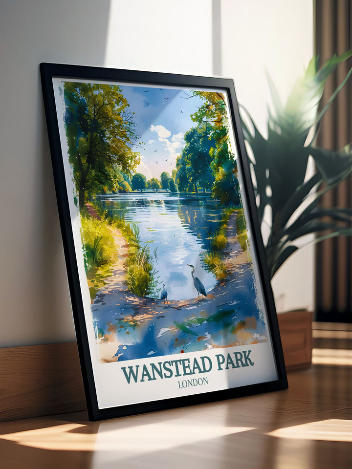 Beautiful Wanstead Park framed print highlighting the parks picturesque views and lush greenery. A perfect addition to any art collection, offering a glimpse into the peaceful landscapes of East London.