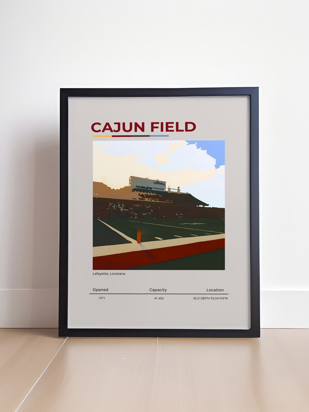 Add style to your home or dorm with this Cajun Field poster celebrating Louisiana Ragin Cajuns football. The modern print offers a stunning design ideal for college football enthusiasts and alumni looking to display their team pride with unique wall art.