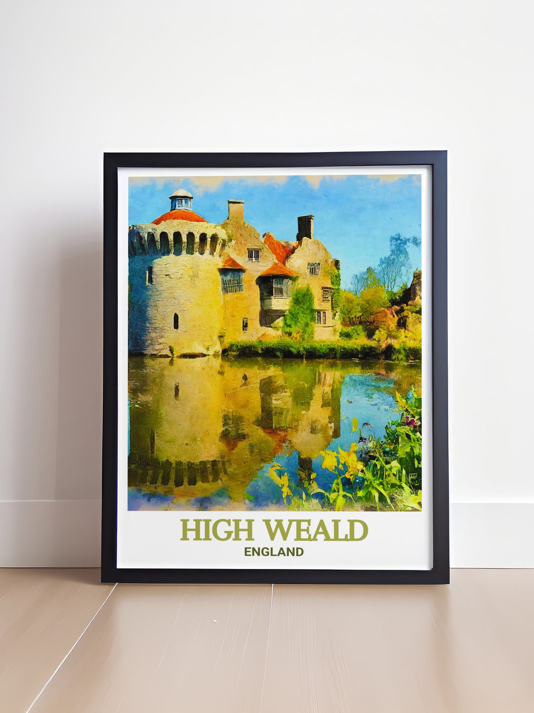 Scotney Castle and High Weald AONB art print showcasing the beauty of the British countryside with vintage inspired artwork perfect for collectors of national park posters and those looking to enhance their home decor with elegant and timeless pieces.