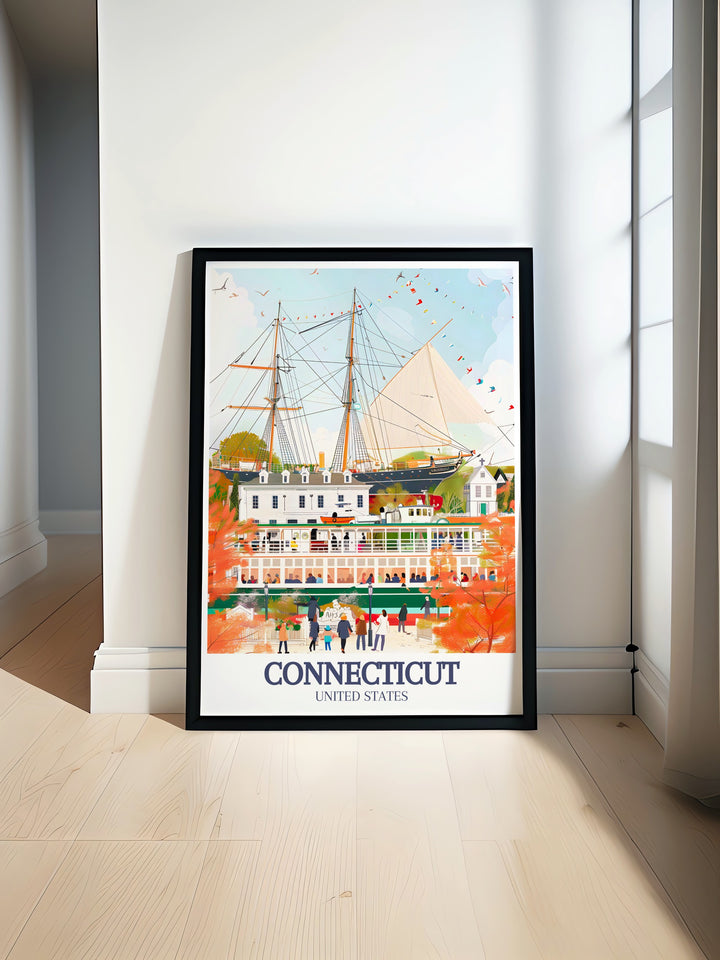 Connecticut art print featuring Mystic Seaport New England town and Bridgeport poster designed for stunning home decor perfect for adding a touch of Connecticut history and beauty ideal for gifts or personalizing your living space.