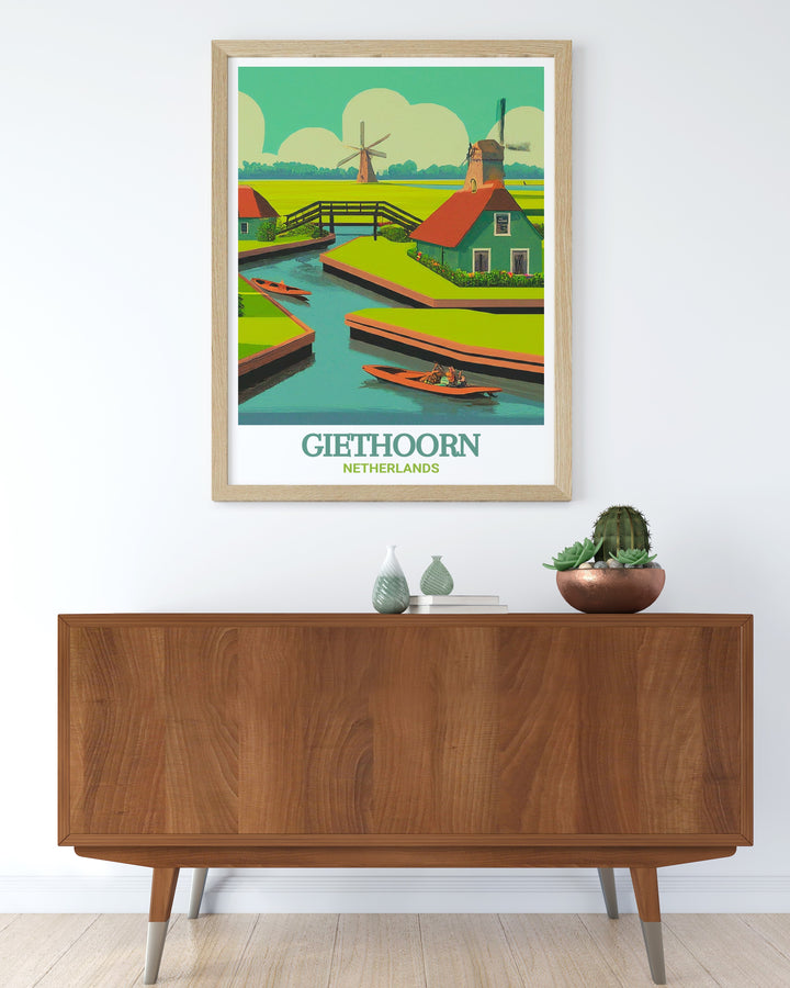 Giethoorn framed art that beautifully depicts the tranquil atmosphere of the Netherlands Giethoorn canals. The prints intricate details and vibrant colors make it a standout piece in any room, ideal for those who want to bring a piece of Dutch heritage into their home decor.