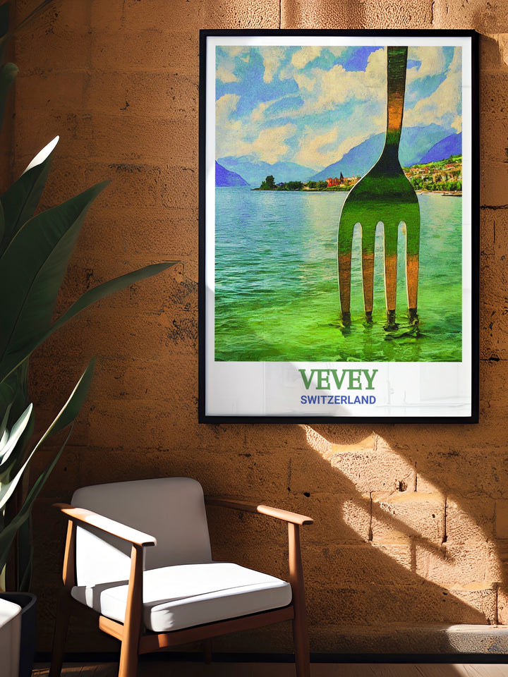 Switzerland travel poster showcasing the town of Vevey and its famous Fork sculpture. The canvas print offers a glimpse into the Swiss Rivieras unique landmarks, making it a perfect addition to any home décor or travel collection.