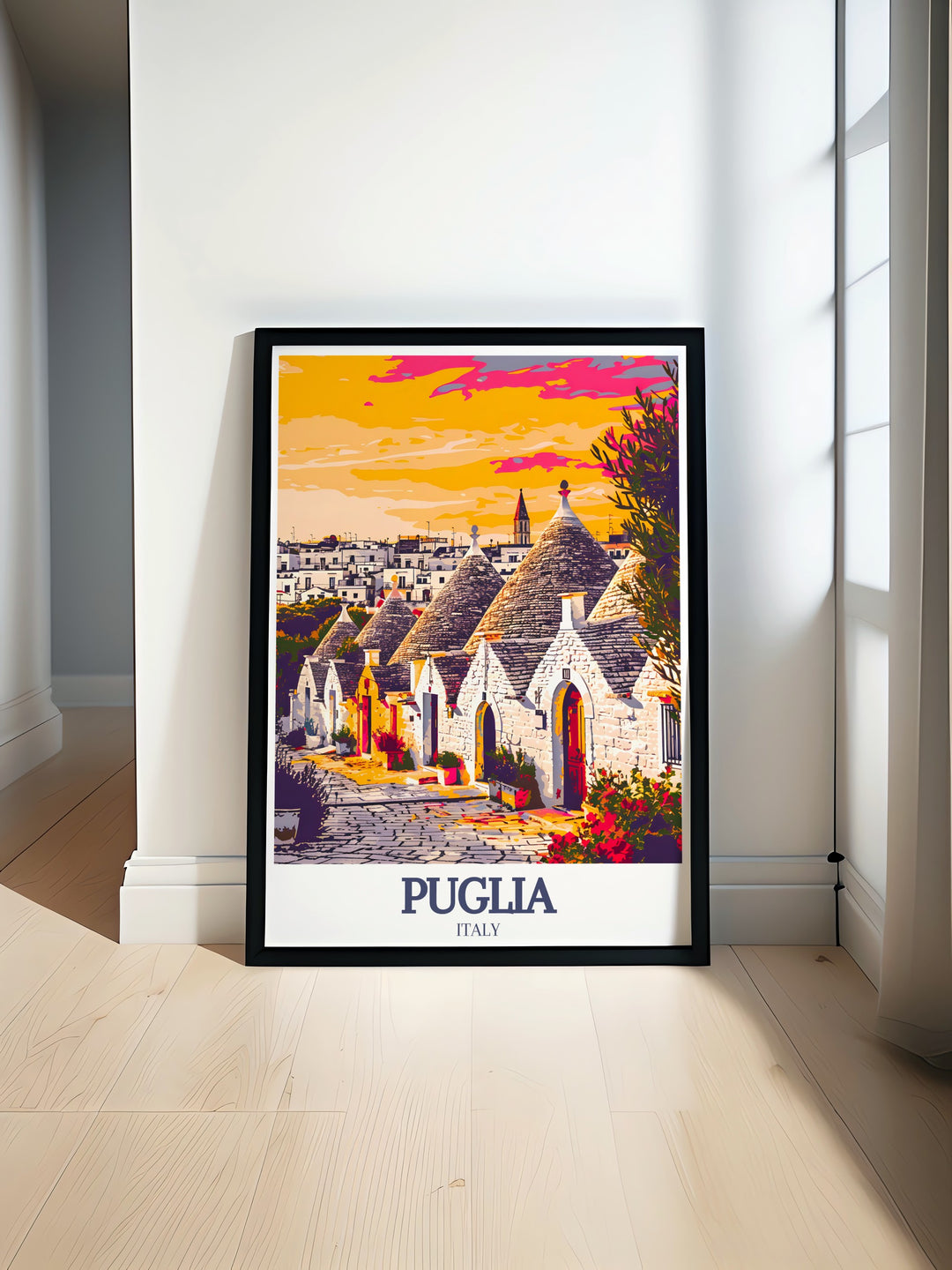 Experience the unique charm of Trulli houses in Alberobello with our Italy Travel Print. This Italy Wall Art captures the distinctive architecture of Trulli houses in vibrant detail, making it a perfect addition to your home decor.