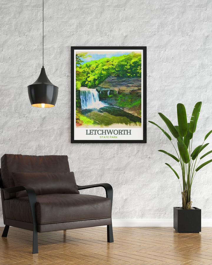 Fine art print of Middle Falls, highlighting the stunning natural scenery and dramatic landscapes of Letchworth State Park. This artwork brings the distinguished views of one of New York States most remarkable locations into your home, adding a touch of artistic grandeur.