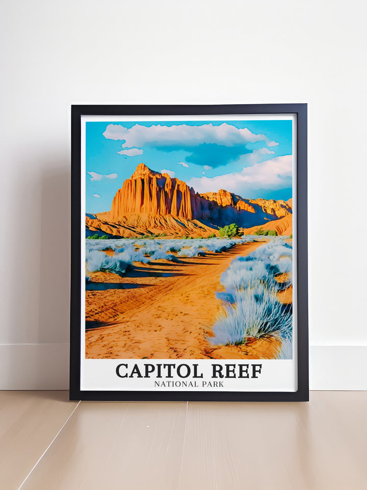 Capitol Reef Poster Print showcases the stunning landscapes of Capitol Reef National Park, featuring the iconic Navajo sandstone cliffs and the breathtaking Cathedral Valley rock formations. Perfect for nature lovers and those who admire the beauty of Utahs national parks.