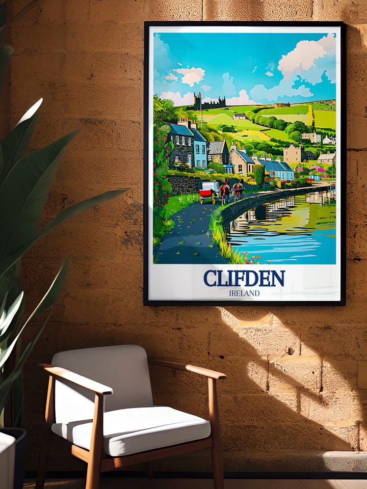 Elegant wall art of Clifden, showcasing the iconic Clifden Castle and the Owenglin River. Ideal for bringing a piece of Irelands cultural and natural heritage into your home.