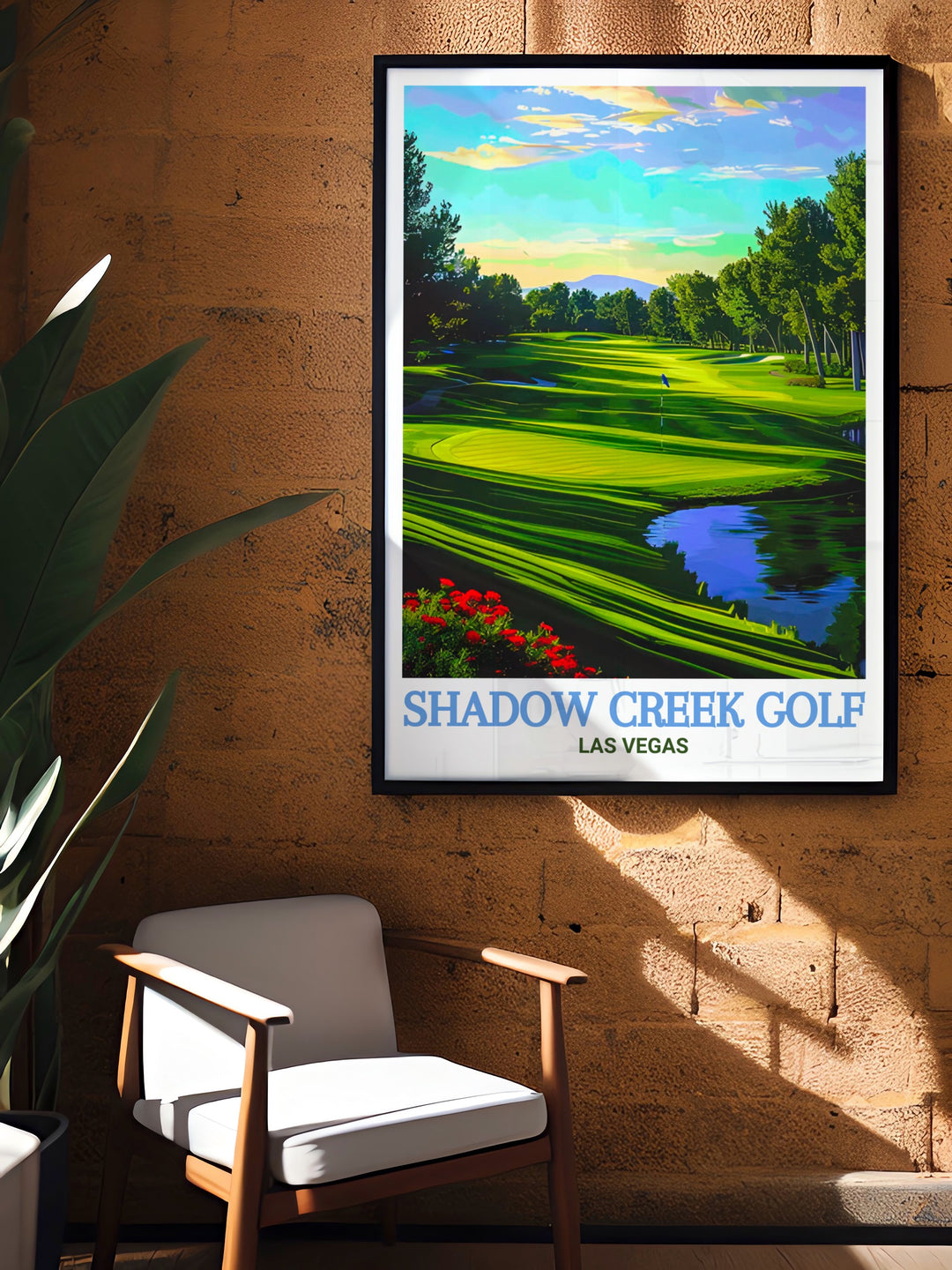 Las Vegas Golf Travel Print showcasing Shadow Creek Golf Course, one of the most prestigious and beautifully designed courses in the world. The print features the courses meticulously maintained fairways, water hazards, and strategically placed bunkers, all set against a backdrop of the Nevada desert. The vibrant colors and intricate details make this travel print a must have for golf lovers who appreciate both the game and its stunning landscapes.