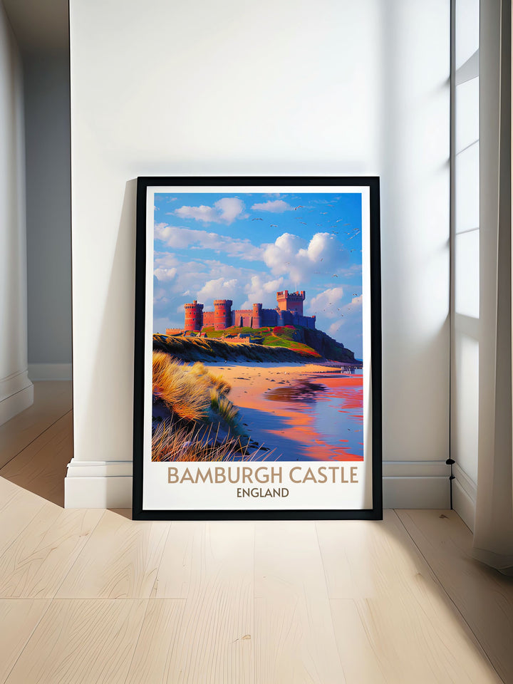 Bamburgh Castle painting styled print showing the imposing structure amidst lush greenery, ideal for enhancing any room decor.