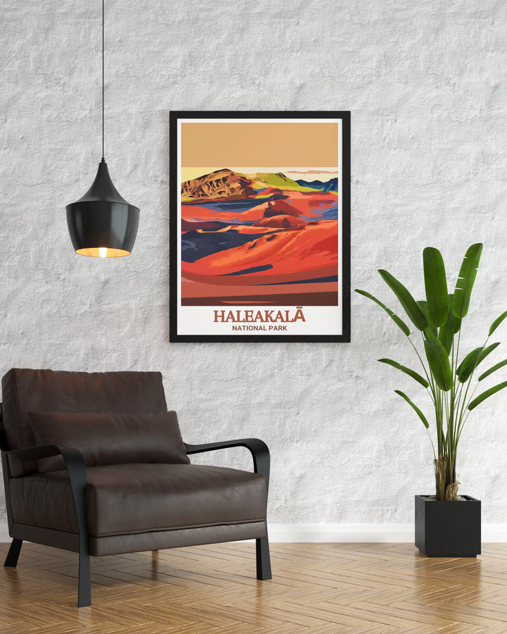 Haleakalā National Park travel poster featuring the breathtaking Haleakalā Crater. This beautiful print brings the awe inspiring landscapes and vibrant colors of Haleakalā into your home, perfect for nature lovers and art enthusiasts alike.