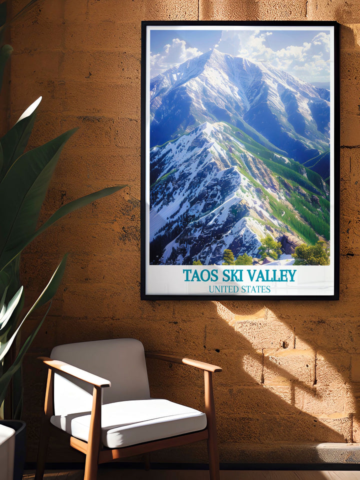 Reveal the captivating allure of Taos Ski Valley with this travel poster, illustrating the scenic ski trails and the majestic mountain backdrop.