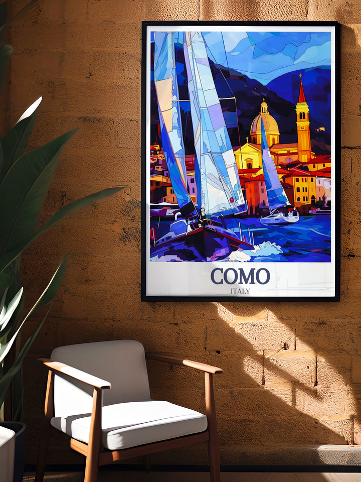 This locomotive art print of the Royal Scotsman train paired with Como Cathedral Lake Como modern prints combines the best of Scotland travel and Italian architecture. Perfect for adding sophistication to any living room or office space.