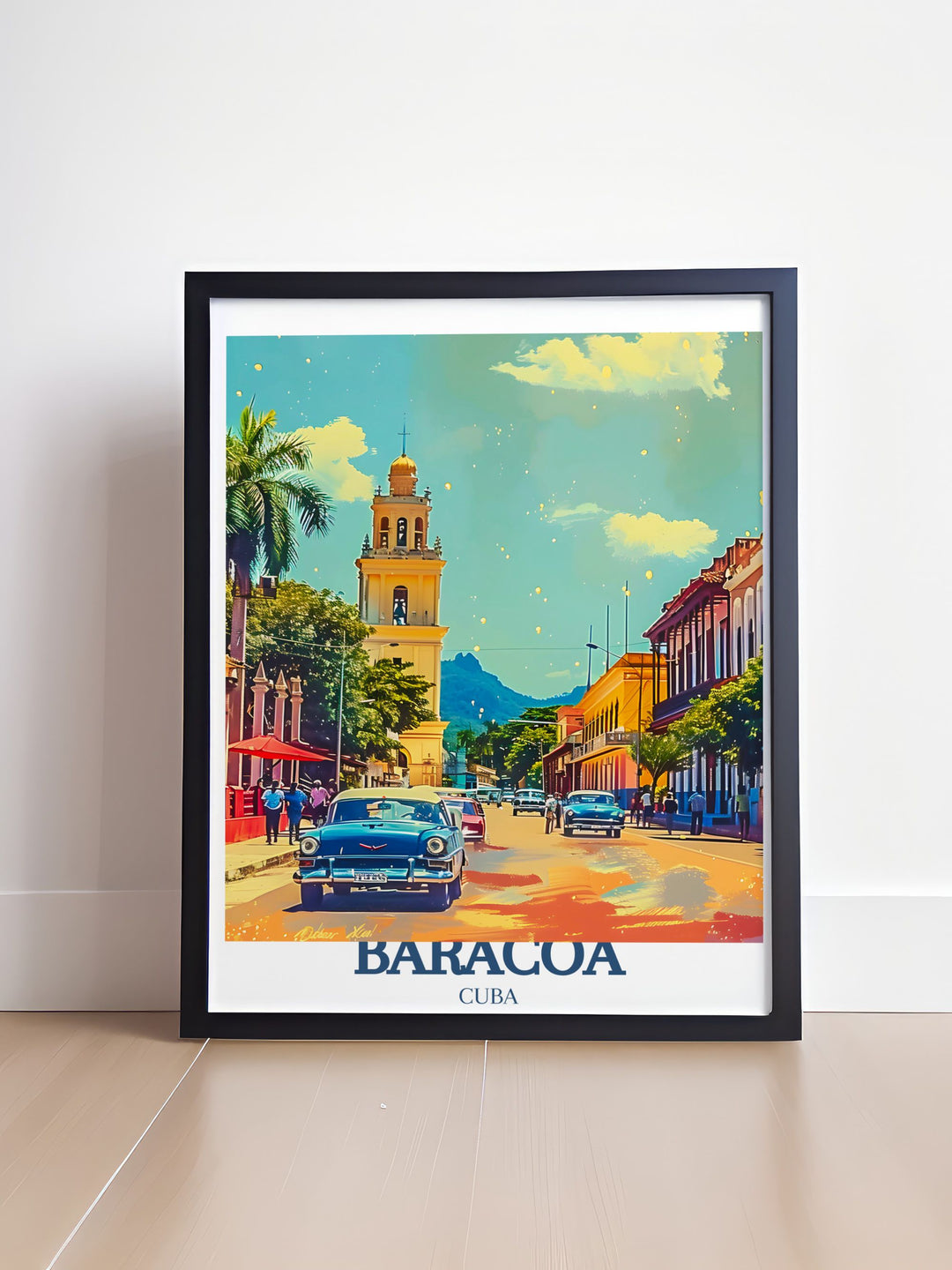 Beautiful Cuba print showcasing Baracoas El Yunque Mountain and the vibrant Catedral De Nuestra Senora De La Asuncion, highlighting its lush vegetation and historic architecture. Ideal for those who love vintage travel art and adding a scenic touch to their living space.