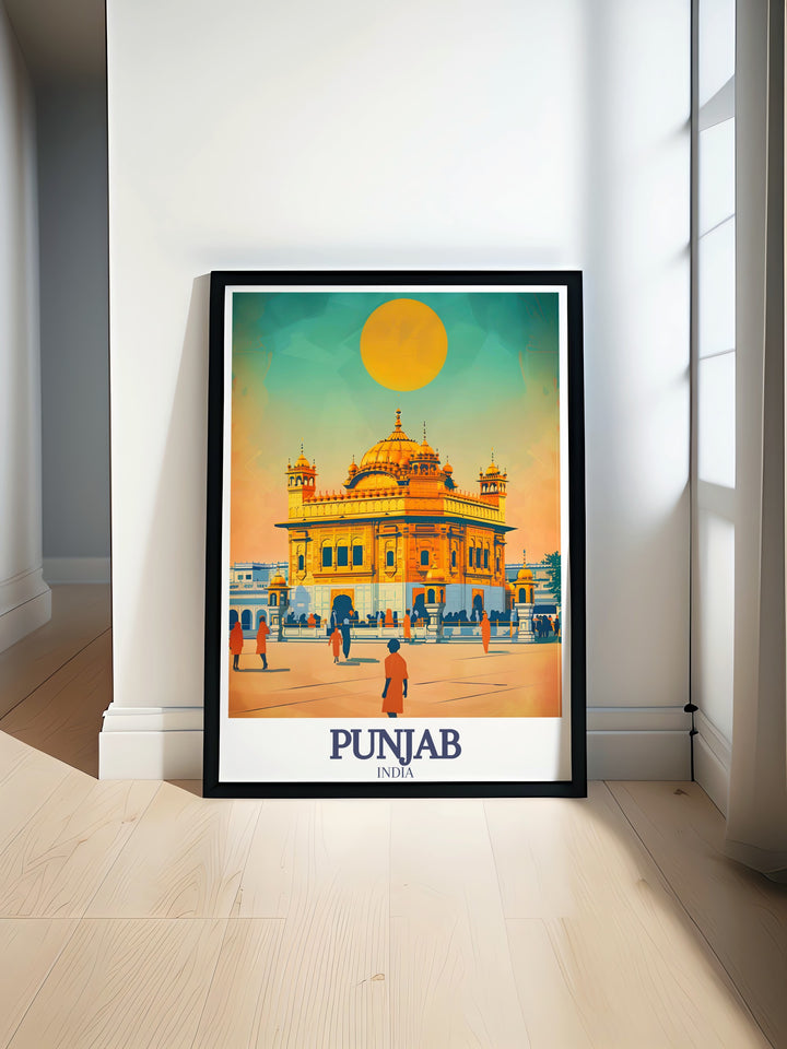 Golden Temple, Amrit Sarovar modern prints showcasing the iconic temple and tranquil Amrit Sarovar in vibrant colors perfect for adding elegance to your home or office décor capturing Punjabs spiritual heritage in stunning detail.