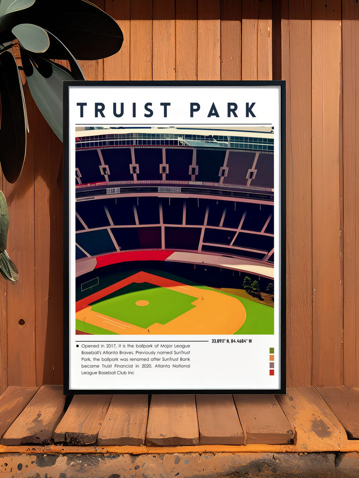 Truist Park poster showcasing the citys map and stadium design perfect for Braves enthusiasts looking to add a touch of sports history to their decor this artwork blends classic and contemporary styles making it a standout piece in any sports fans home