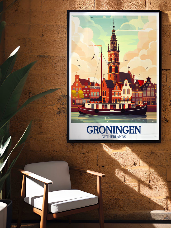 Groningen canal wall art depicting the tranquil waters and the majestic Aa Church, a symbol of Groningens rich history. The intricate details of this print make it a striking focal point in any room, ideal for adding a touch of Dutch heritage to your decor.