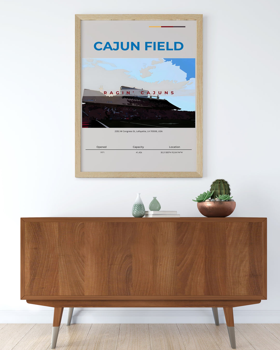 Cajun Field poster featuring vibrant college football art perfect for adding a bold statement to dorm room decor. Ideal for Ragin Cajuns fans this retro college print showcases the iconic Cajun Field in stunning detail offering an eye catching wall art piece.