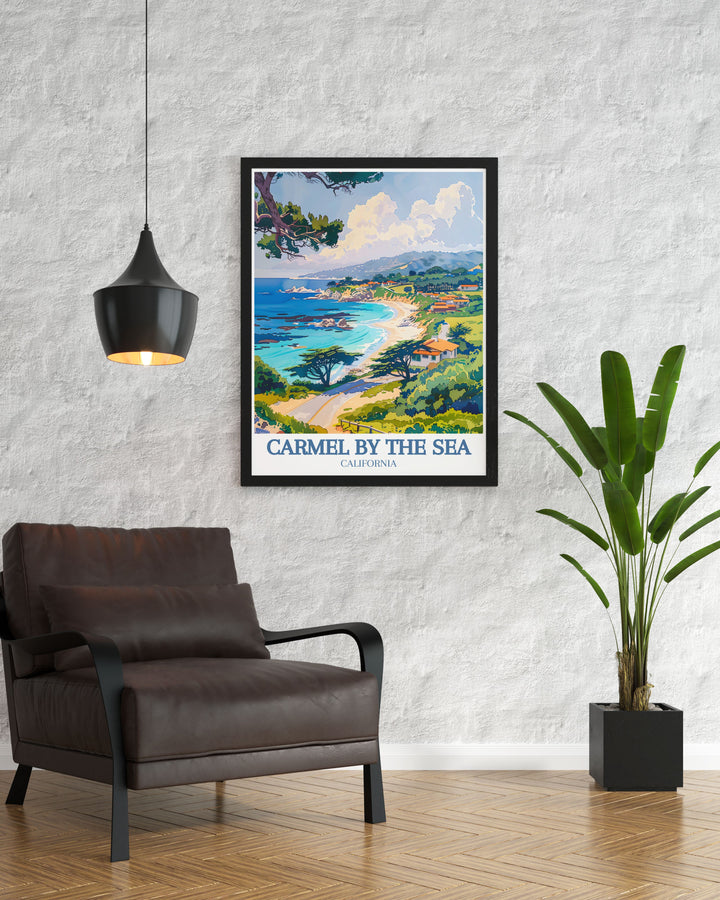 The tranquil beauty of Carmel Beach is magnificently illustrated in this travel poster, showcasing its serene atmosphere and clear waters. Ideal for nature enthusiasts and beachgoers, this artwork brings the relaxing essence of Carmel Beach into your home.
