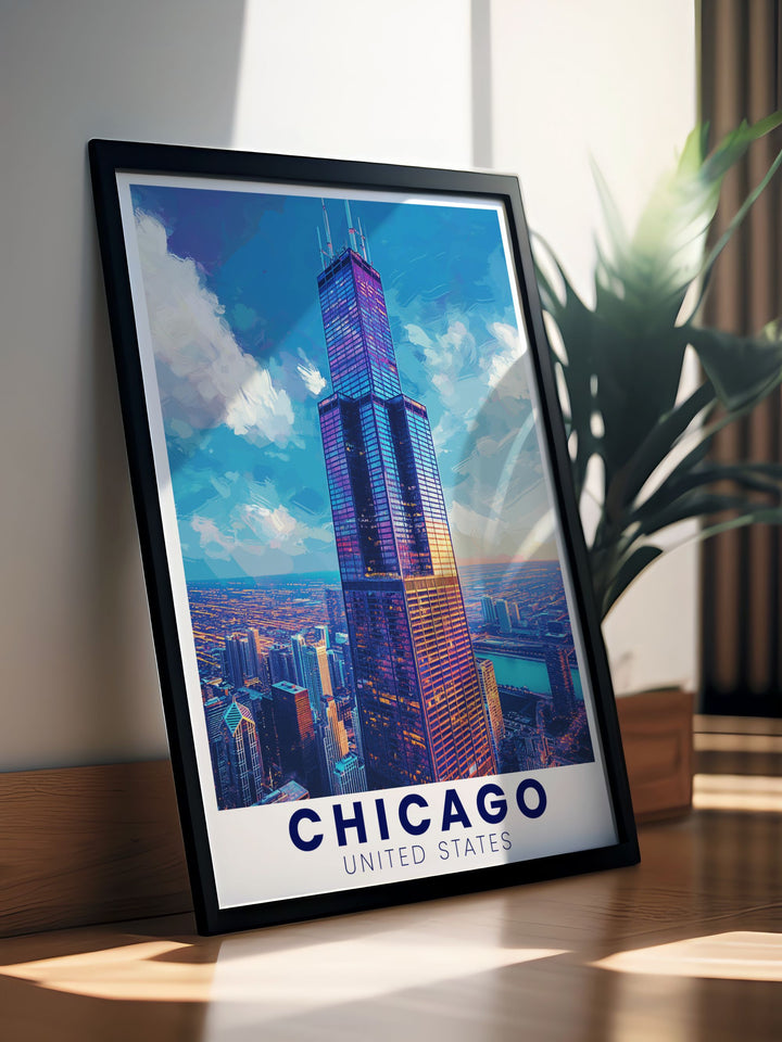 Detailed Chicago cityscape and Willis Tower wall art capturing the essence of the Windy City and its architectural grandeur making a great addition to any home decor.