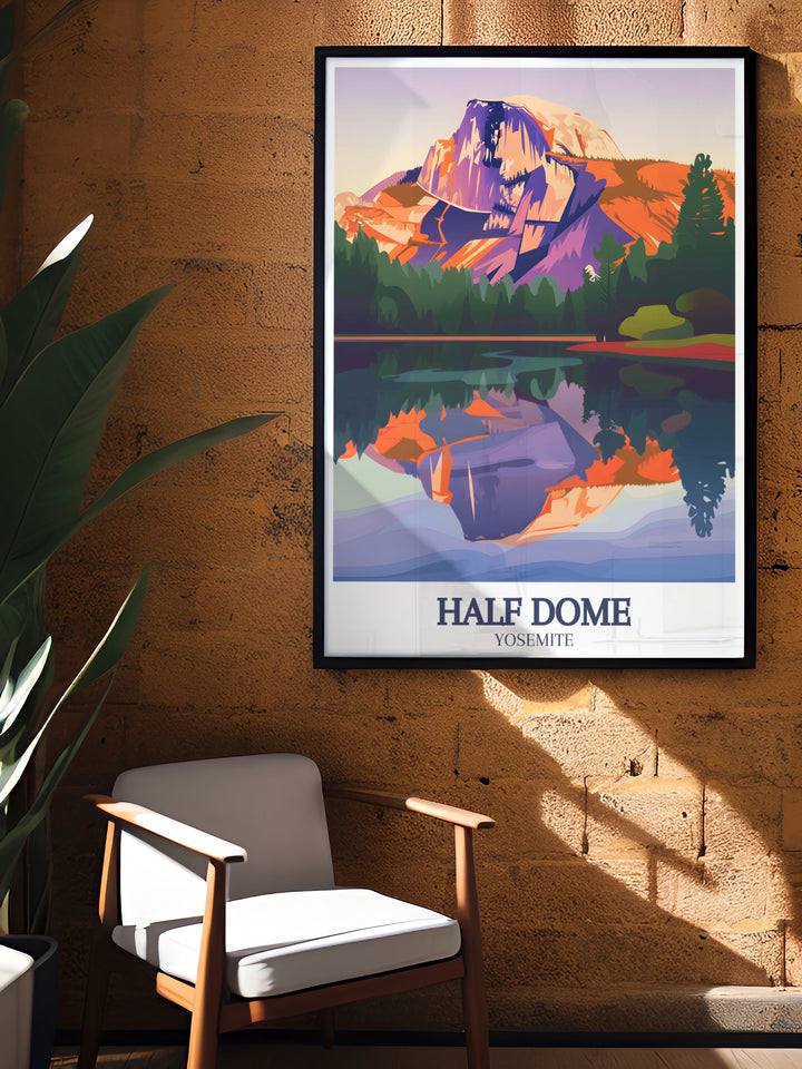 Capture the beauty of Yosemites iconic landmarks with this travel print showcasing Half Dome and Mirror Lake. Perfect for home decor or as a unique gift for national park lovers, this poster celebrates the magic of Yosemite.