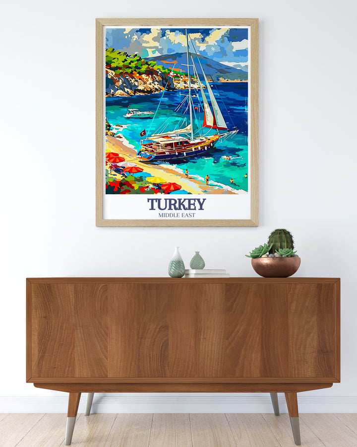 This wall poster of the Turquoise Coast in Turkey highlights the beauty of the regions traditional Gulet sailboats. The calm waters and vibrant colors make this travel print a perfect reminder of peaceful seafaring adventures.