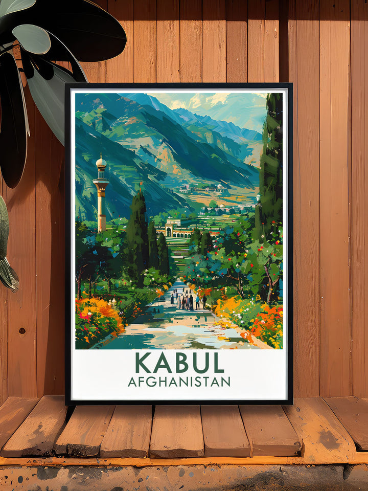 Detailed illustration of Baburs Garden in Kabul, capturing the gardens rich history and cultural significance. The marble tomb of Emperor Babur and the terraced layout are beautifully depicted, making it a perfect gift for history enthusiasts.