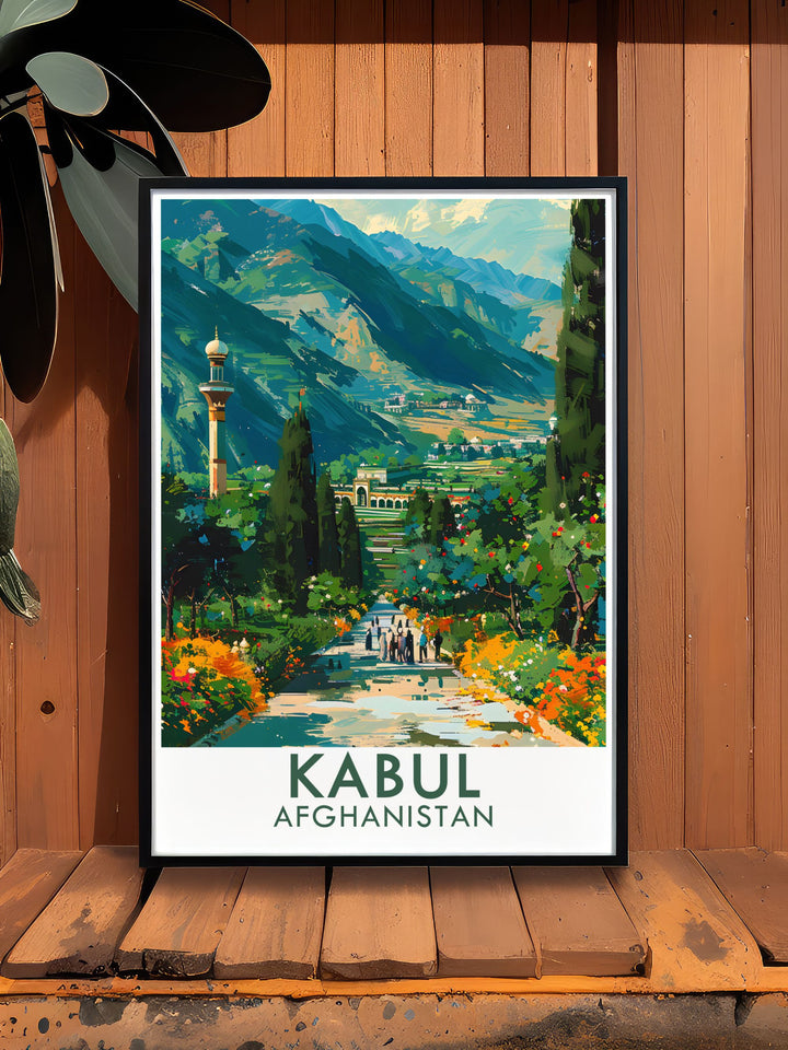 Featuring the stunning landscape of Baburs Garden in Kabul, this Afghanistan art print brings the serenity and beauty of one of the citys most famous landmarks to your walls. Perfect for anyone who loves history and culture.